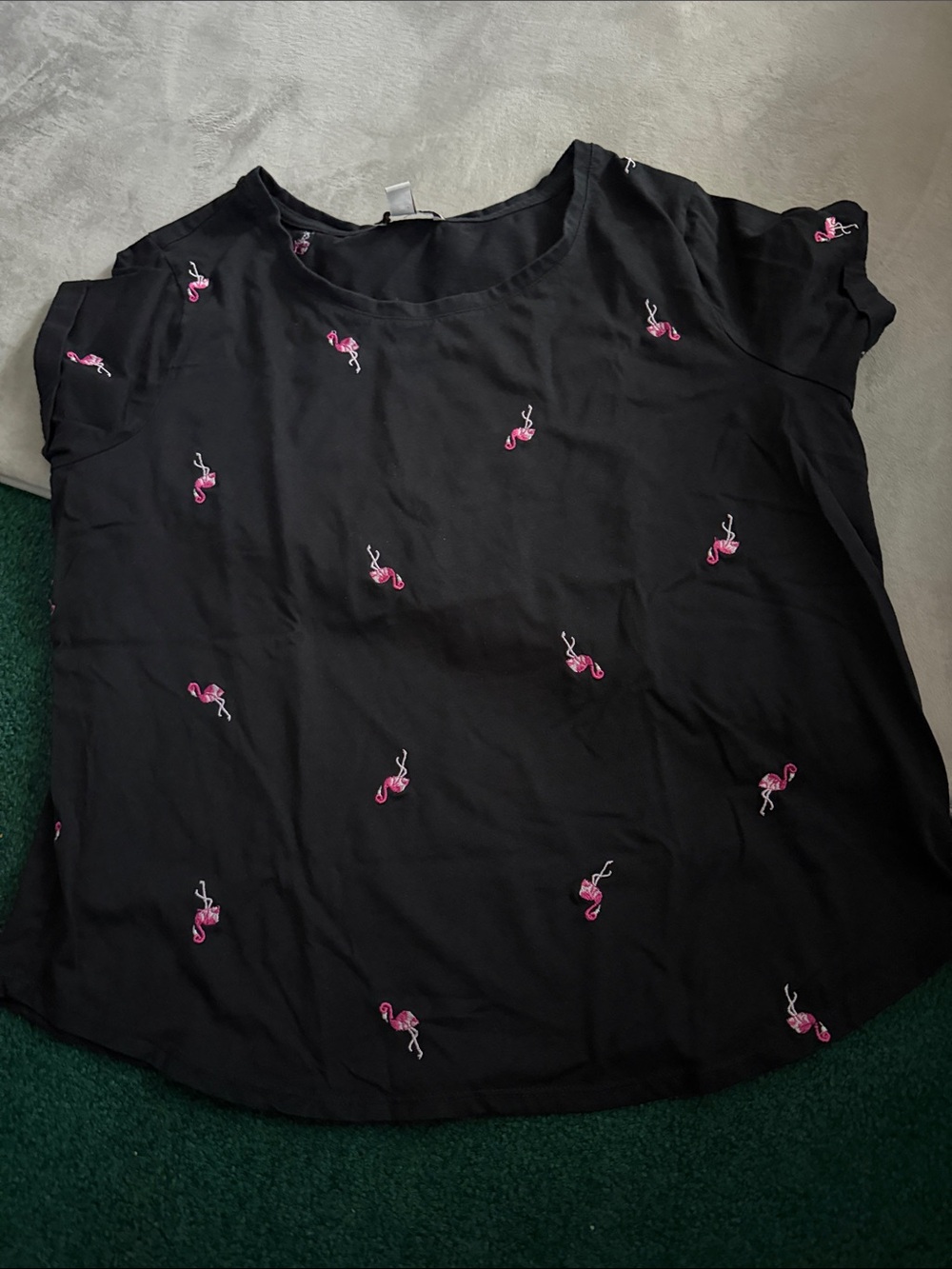 Vintage America Black Short-Sleeve Top with Pink Flamingo Embroidery